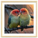 Two Lovebirds Perched On A Branch At Sunset thumbnail