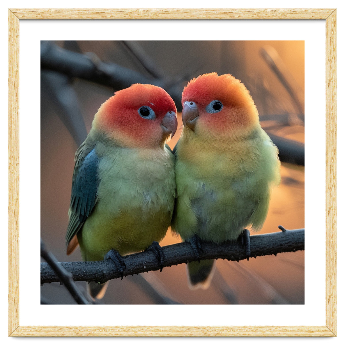 Two Lovebirds Perched On A Branch At Sunset