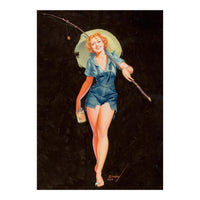 Happy Pinup Girl With A Fishing Stick (Print Only)
