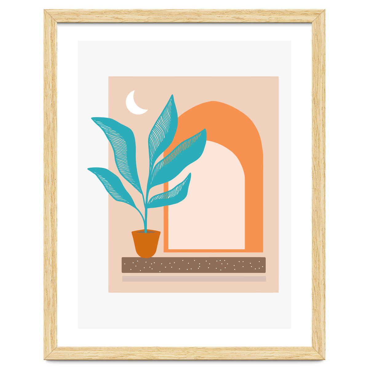 Moonlight Villa, Architecture Modern Bohemian Travel Illustration, Pastel Tropical Home Minimal Line Art