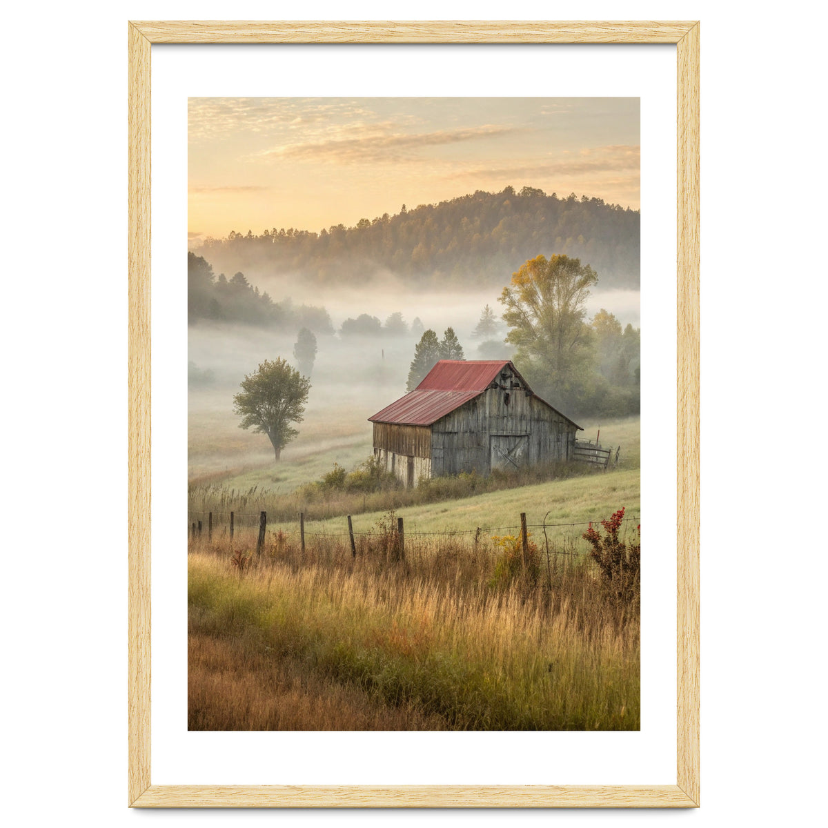 Rustic Red Roof Barn in Misty Morning Valley Landscape