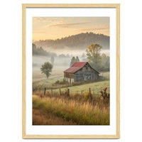 Rustic Red Roof Barn in Misty Morning Valley Landscape