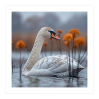 White Swan Swimming In A Lake With Reeds (Print Only)