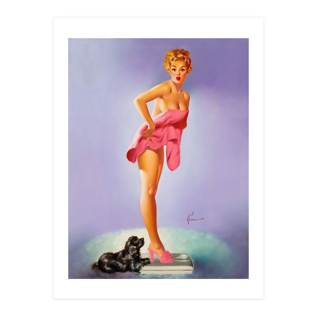 Pinup Girl On A Scale With Her Little Black Dog Behind (Print Only)