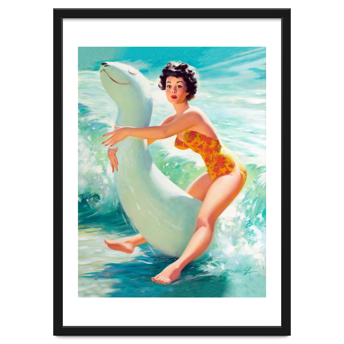 Happy Pinup Girl On The Beach Hugging Her Rubber Toy