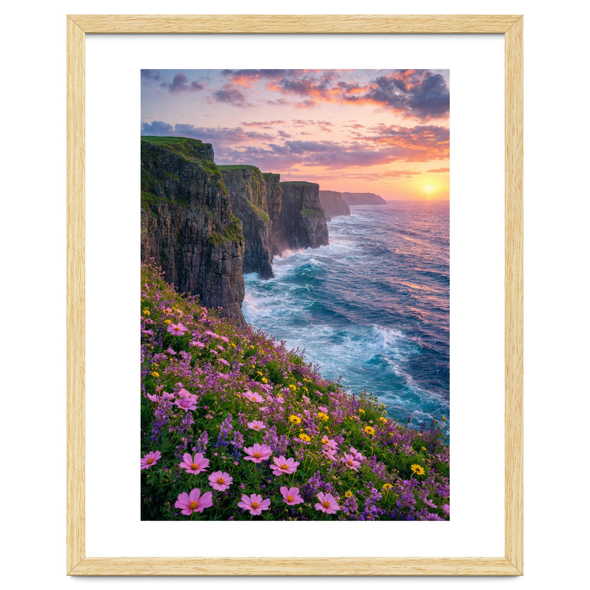Coastal Sunset Wildflowers: Dramatic Ocean Cliffs and Floral Meadow