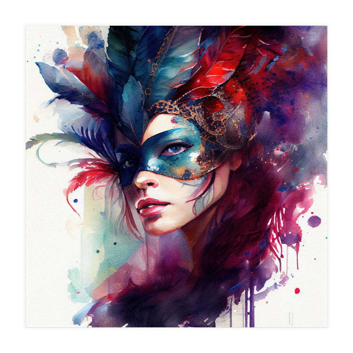 Turquoise Feathered Carnival Mask Portrait (Print Only)