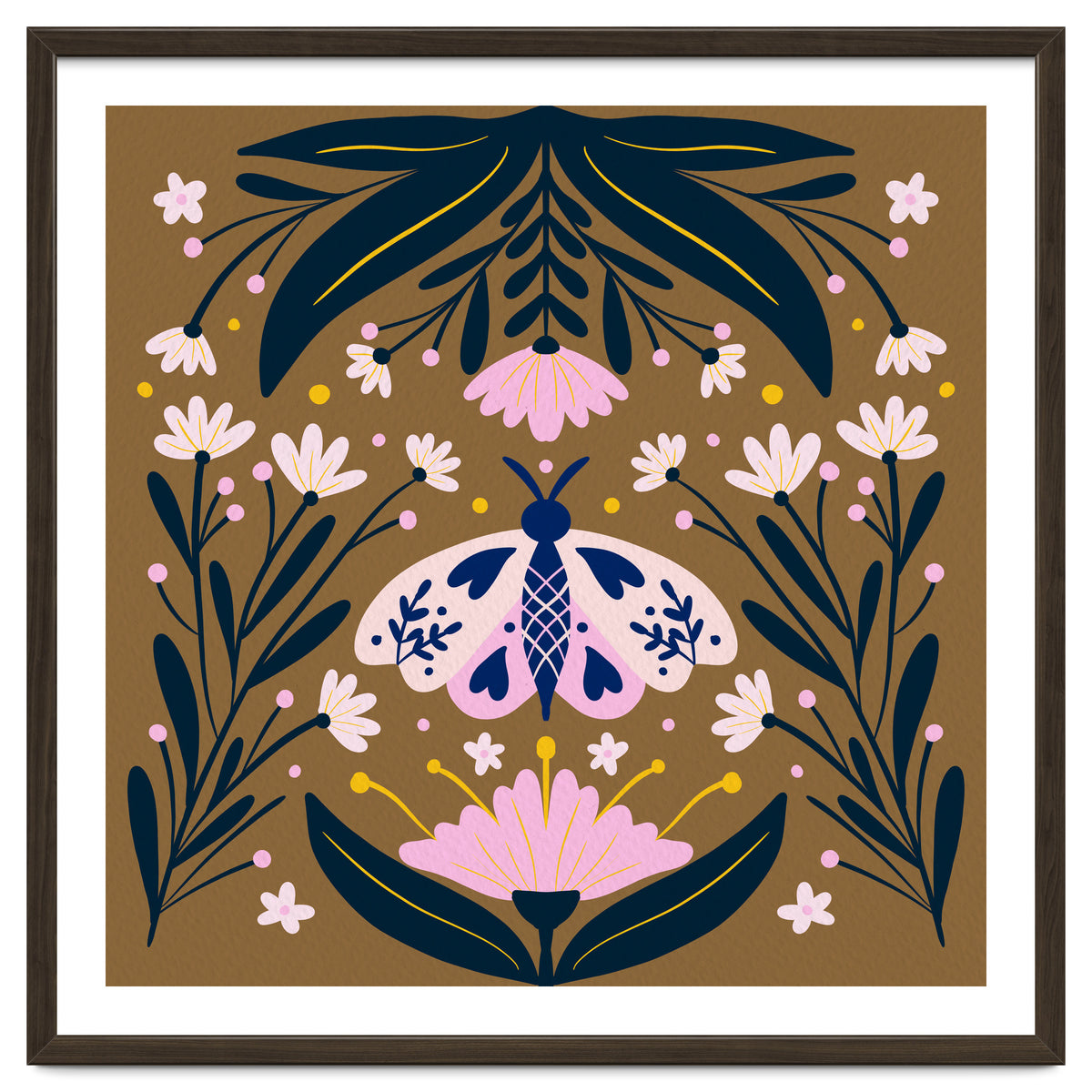 Pink Moth with Flowers on a brown background