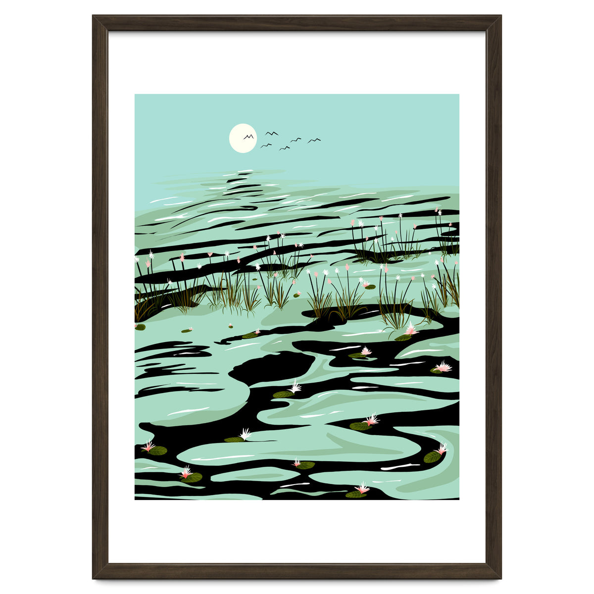 Dreamy Lake, Pastel Nature Botanical Jungle Landscape, Travel Pond Forest Plants Bohemian, Eclectic Scenic