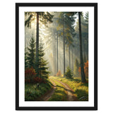 The Golden Path: Ethereal Sunbeams Piercing Through a Misty Evergreen Forest at Dawn thumbnail