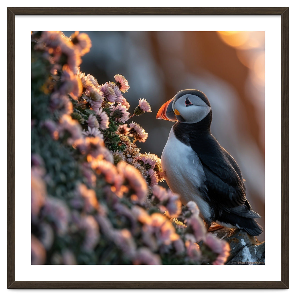Puffin Bird On Rocks Near Pink Flowers At Sunset