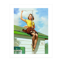 Pinup Sexy Girl Setting Up The Antenna On The Roof (Print Only)