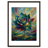 Enchanted Teal and Gold Rose Impasto Oil Painting