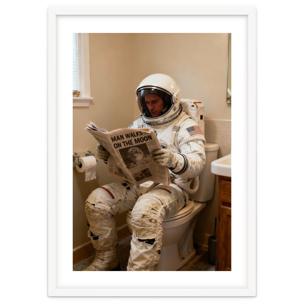 Retro AstronautReading Newspaper, Toilet Humor, Astronaut on Toilet