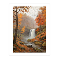 Serene Autumn Waterfall in Misty Forest (Print Only)