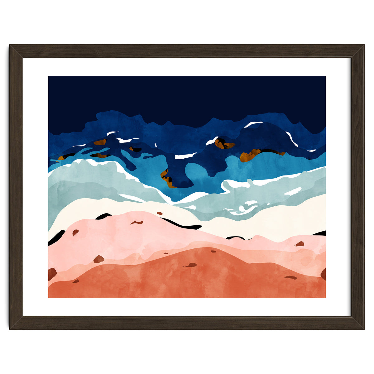 Ocean Heart, Abstract Sea Waves, Tropical Travel Watercolor Painting, Eclectic Bohemian Beach Nature