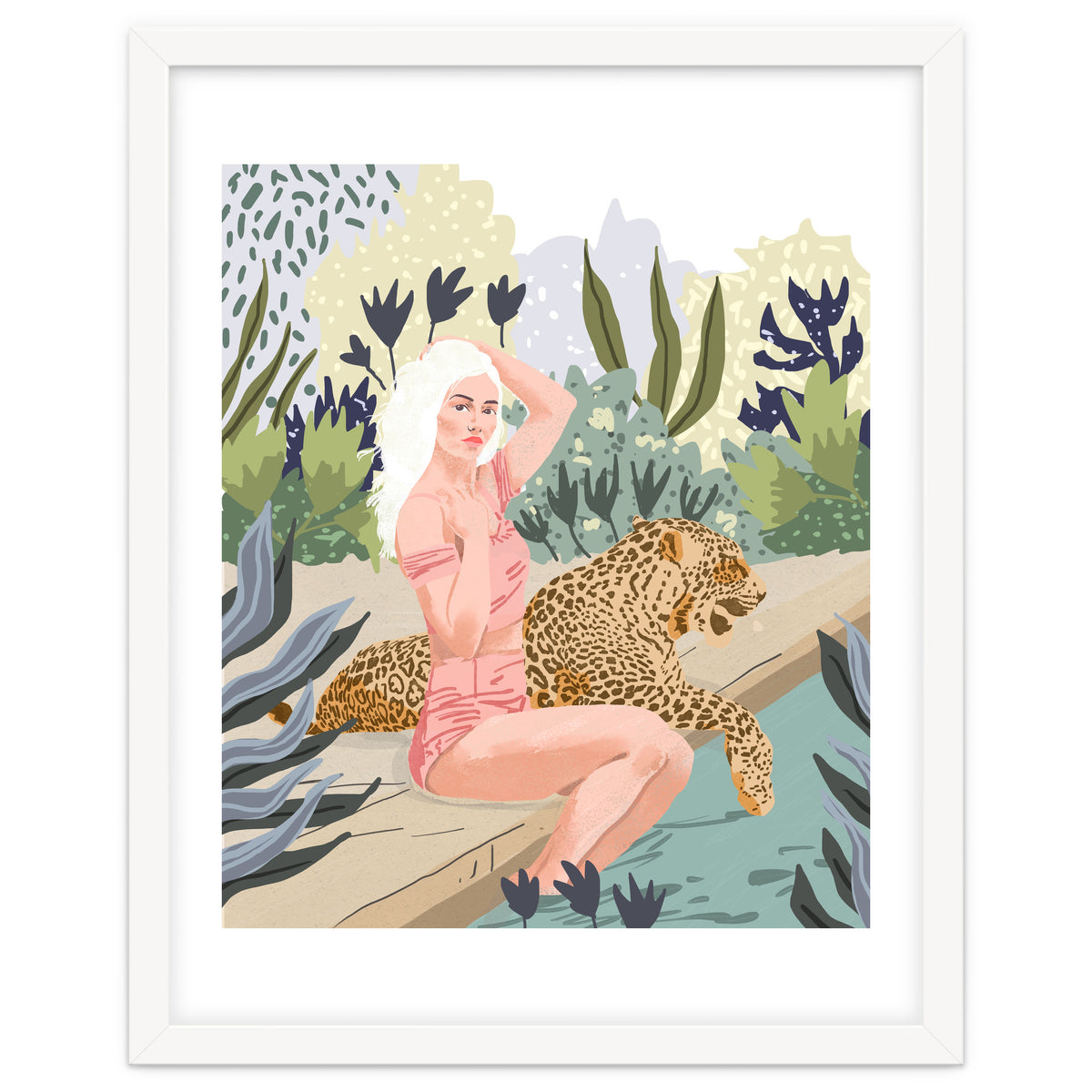 How to Train Your Leopard, Wild Cat Bohemian Woman Painting, Swimming Pool Bikini Summer Swim Animal