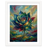Enchanted Teal and Gold Rose Impasto Oil Painting