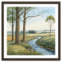 Pastoral Countryside Watercolor Painting with Winding Stream Meadows and Deciduous Trees Landscape