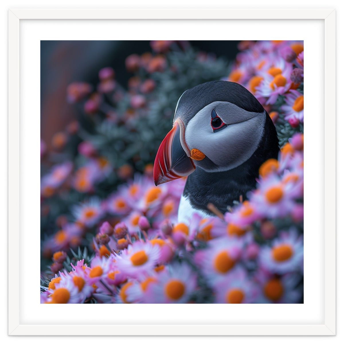Puffin Bird Among Pink Flowers