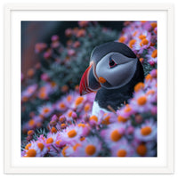 Puffin Bird Among Pink Flowers