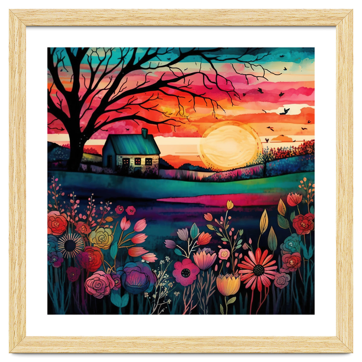 Watercolor Folk Art Sunset Landscape