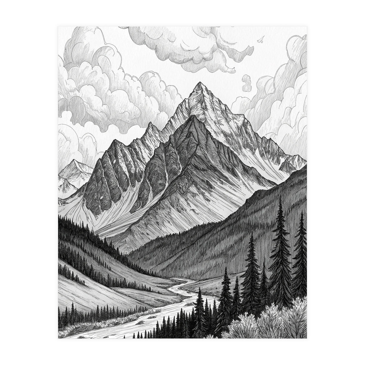 Majestic Alpine Mountain Range Sketch (Print Only)