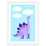 Purple Stegosaurus Watercolor Art, Cute Dinosaur Nursery Print, Dino and Clouds Illustration thumbnail