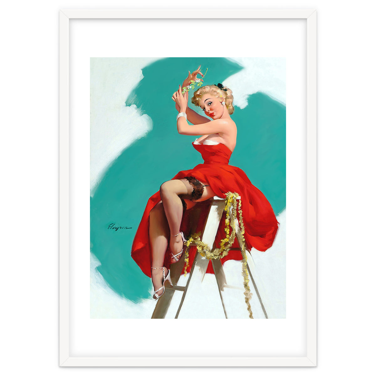 Sexy Pinup Girl In Red Dress Posing On a Ladder