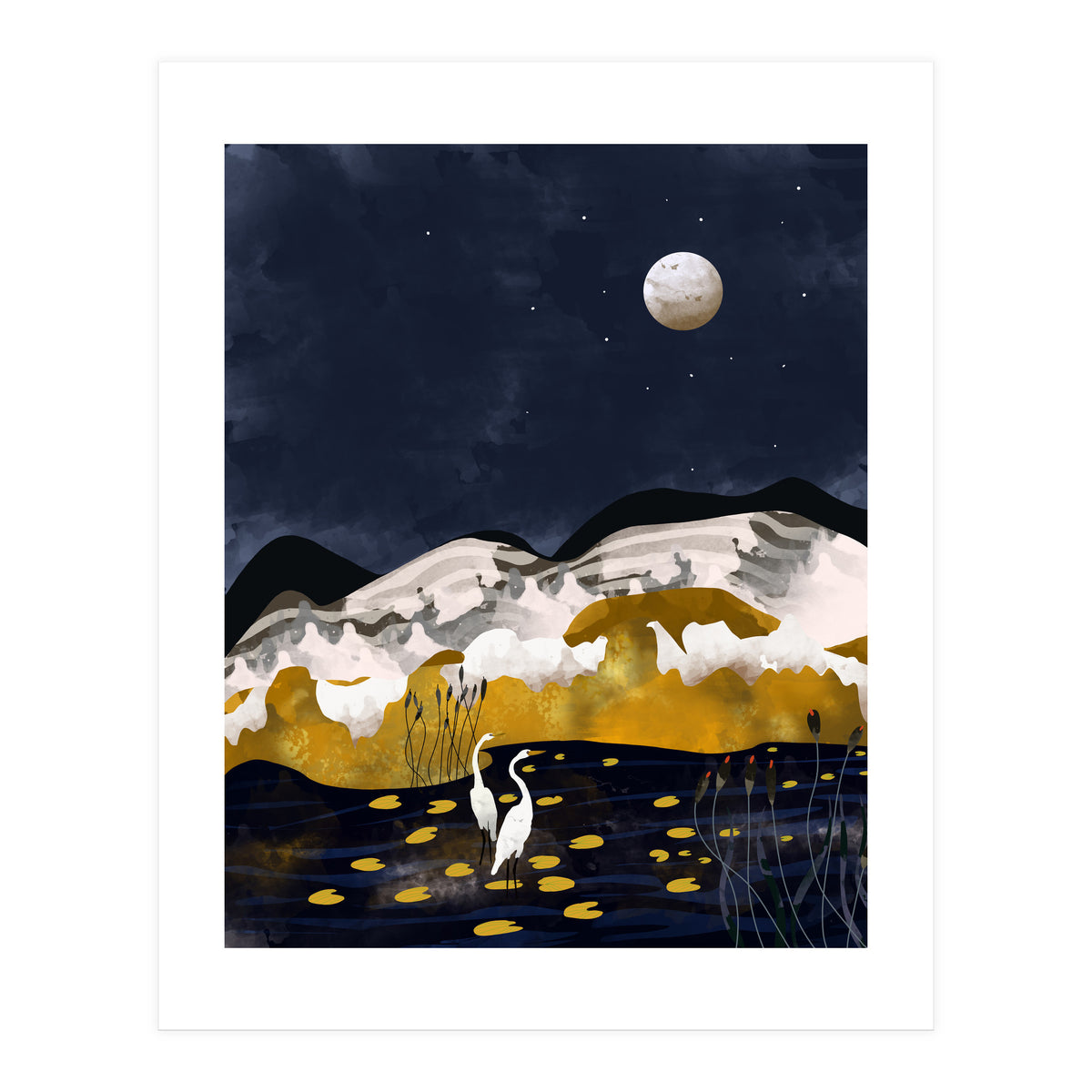Midnight Lake, Stork Wildlife Animals Abstract Painting, Nature Landscape Travel Adventure Full Moon Night, Eclectic Gold Birds Magical Bohemian (Print Only)