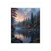 Serene Lakeside Retreat in Autumn Forest (Print Only)