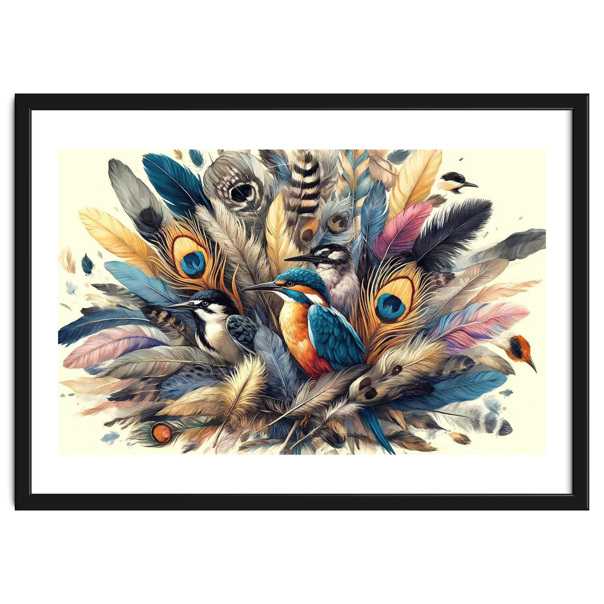 Kingfisher And Songbirds In Peacock Feathers