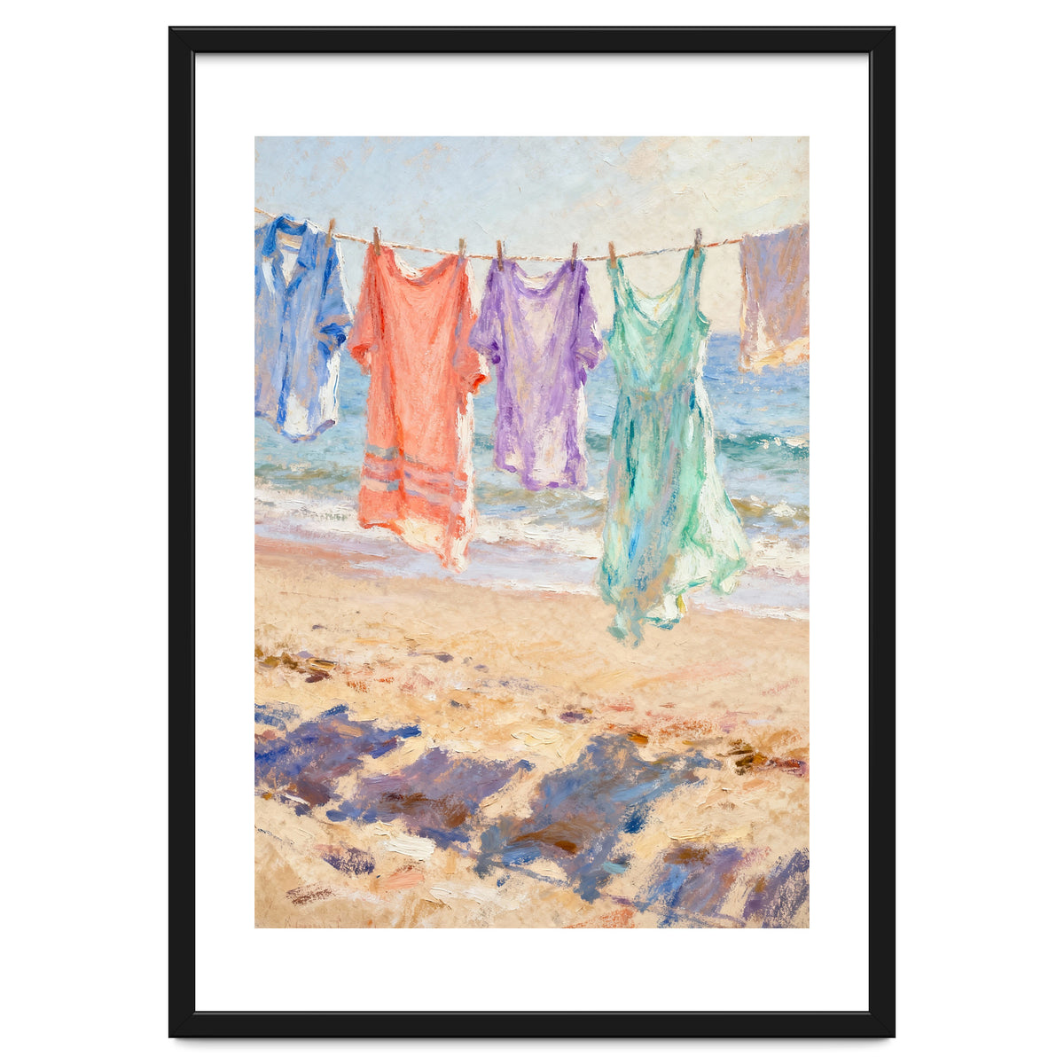 Laundry Drying by the Sea, Colorful Clothes on a Beach Clothesline, Coastal Summer Pastel Painting, Relaxing Ocean Shore Art Print