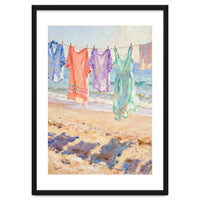 Laundry Drying by the Sea, Colorful Clothes on a Beach Clothesline, Coastal Summer Pastel Painting, Relaxing Ocean Shore Art Print