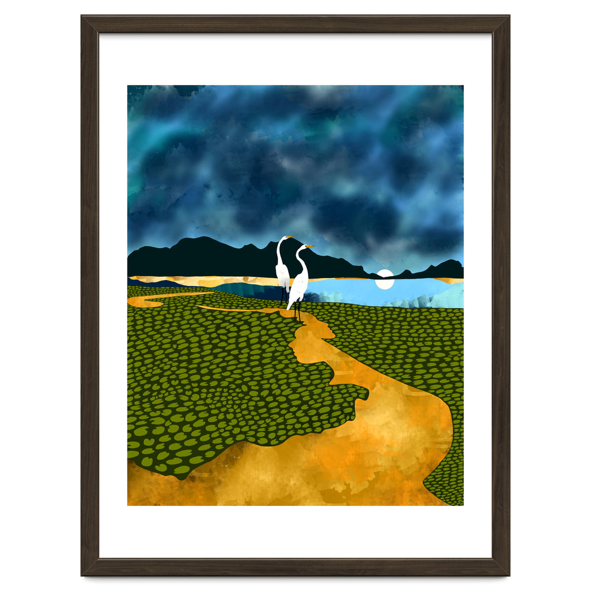 Great Egrets On Honeymoon Island, Heron Wildlife Painting Nature Landscape, Travel Dark Scenic Birds Love Animals Lake Bohemian