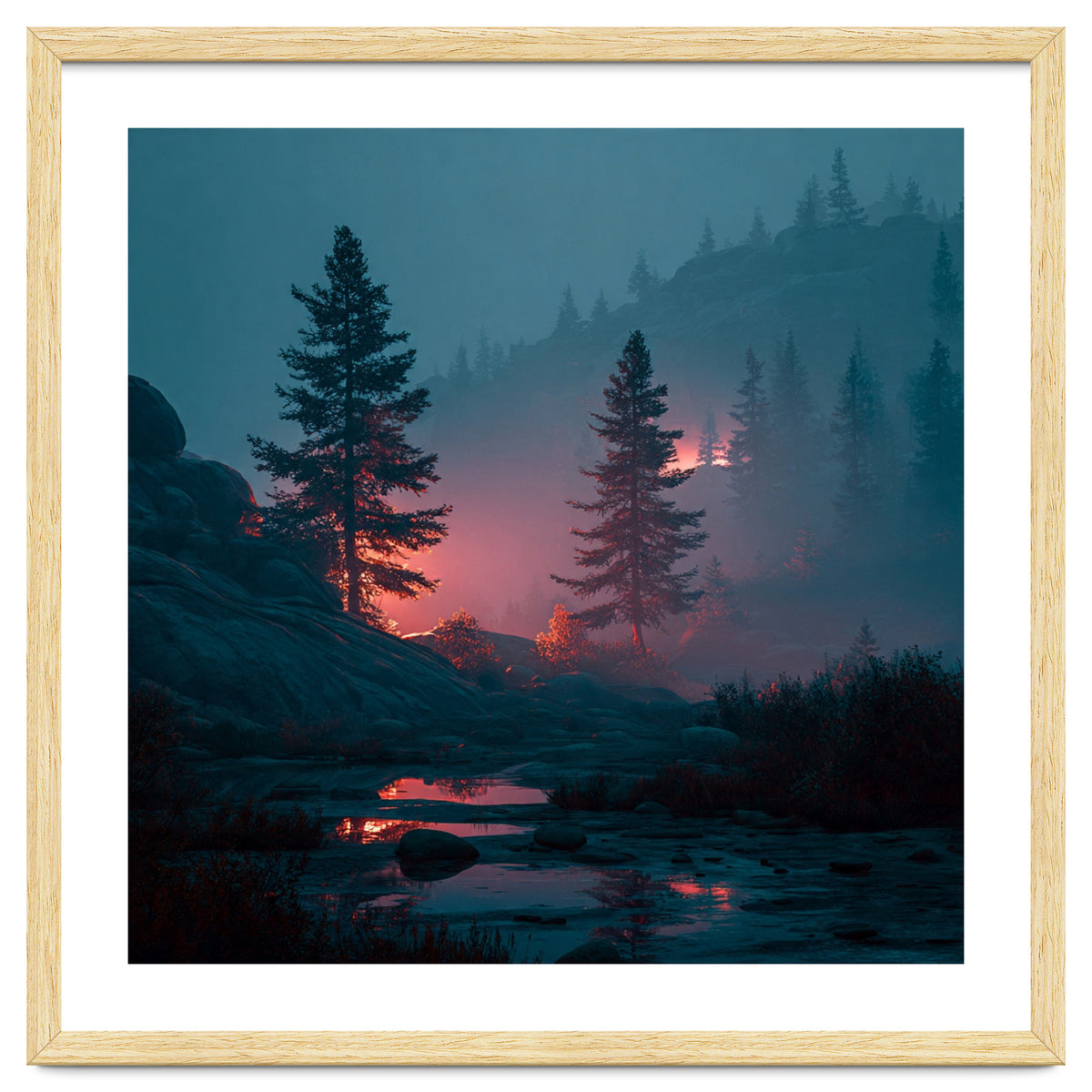Atmospheric Twilight Pine Forest with Glowing Crimson Light