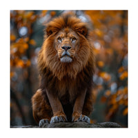 Majestic Lion Sitting On A Rock In Autumn Forest (Print Only)