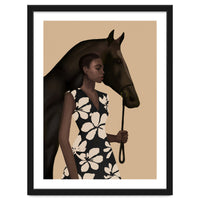 Woman In Bold Print With Black Horse