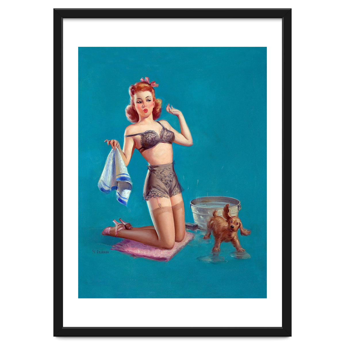 Pinup Girl Bathing A Dog