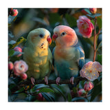 Two Lovebirds Perched On A Branch Near Flowers (Print Only) thumbnail