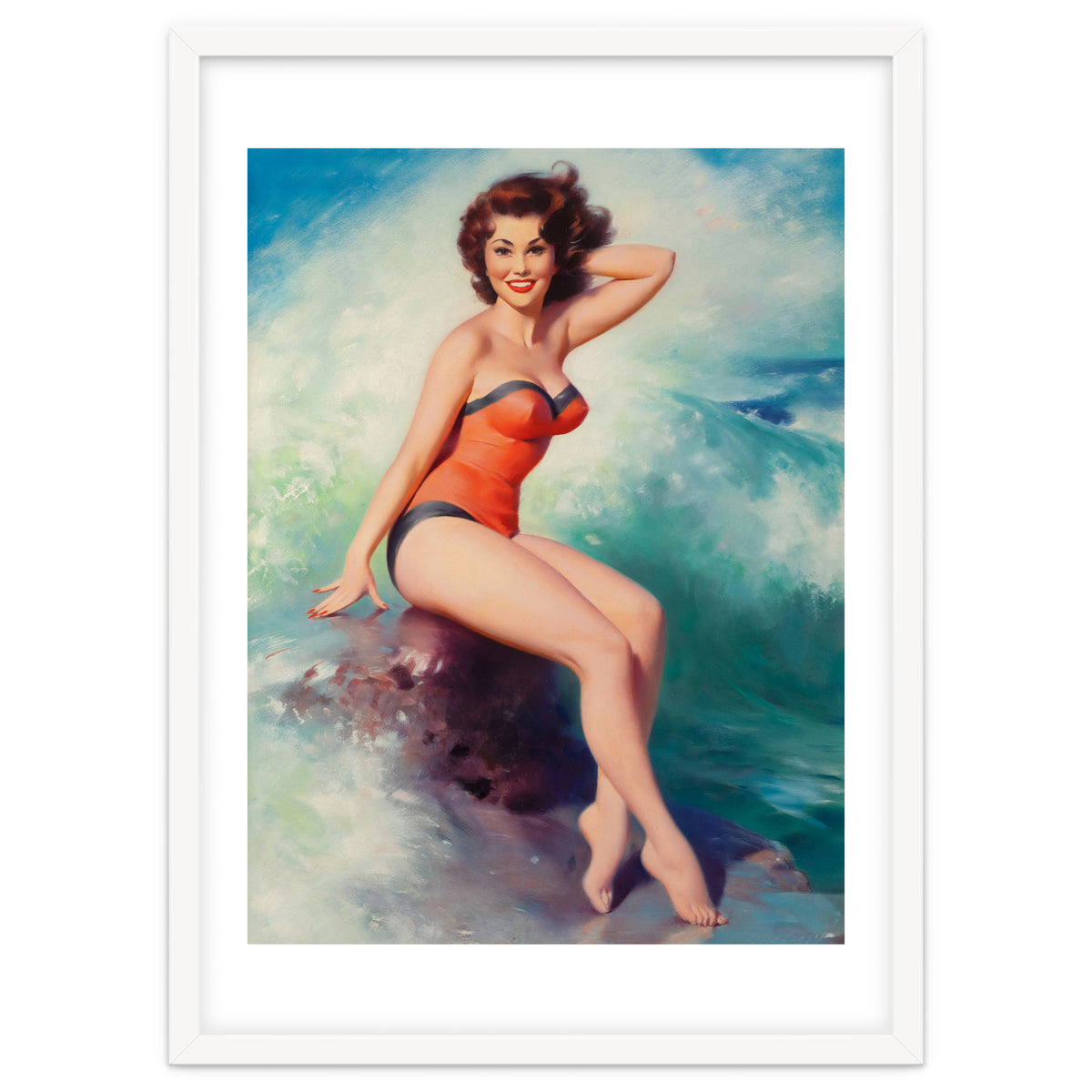 Pinup Girl Posing In Front Of Big Waves On The Beach