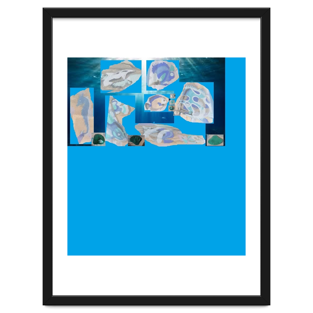 Collage Of Fishes Painted And Reversed On A Deep Blue Sea Canvas