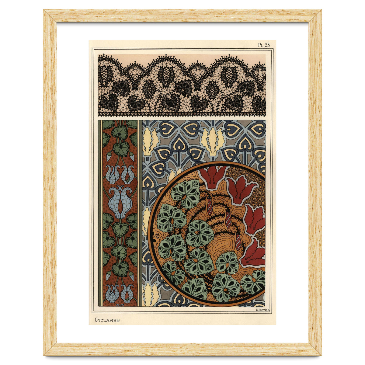 Cyclamen persicum motif in patterns for lace, wallpaper and fabric.