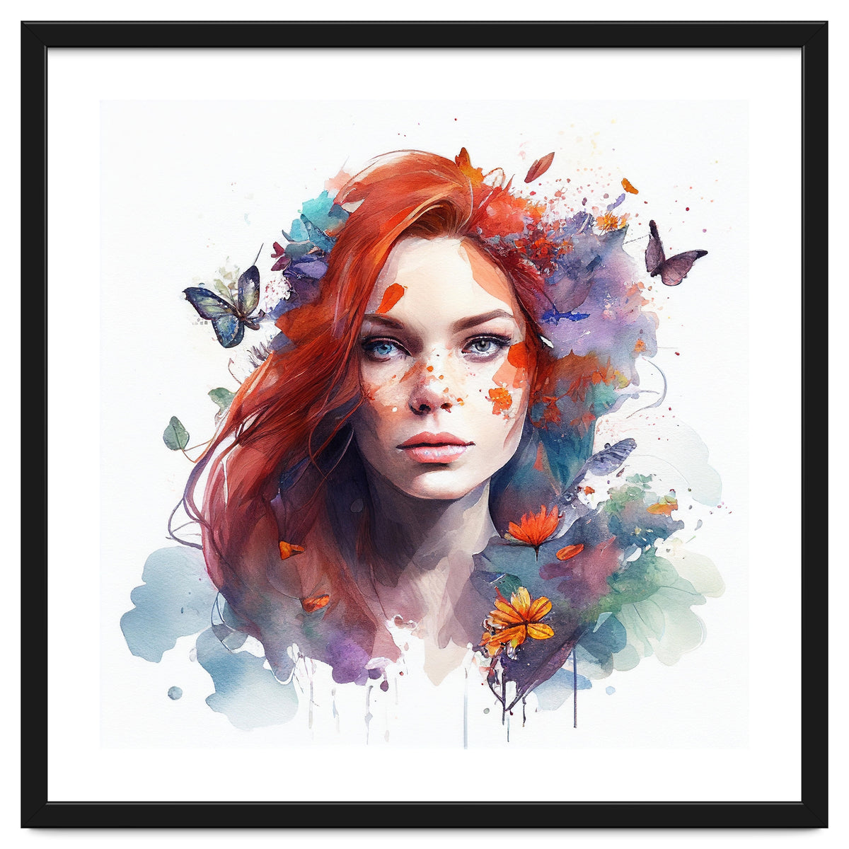 Watercolor Floral Red Hair Woman #3