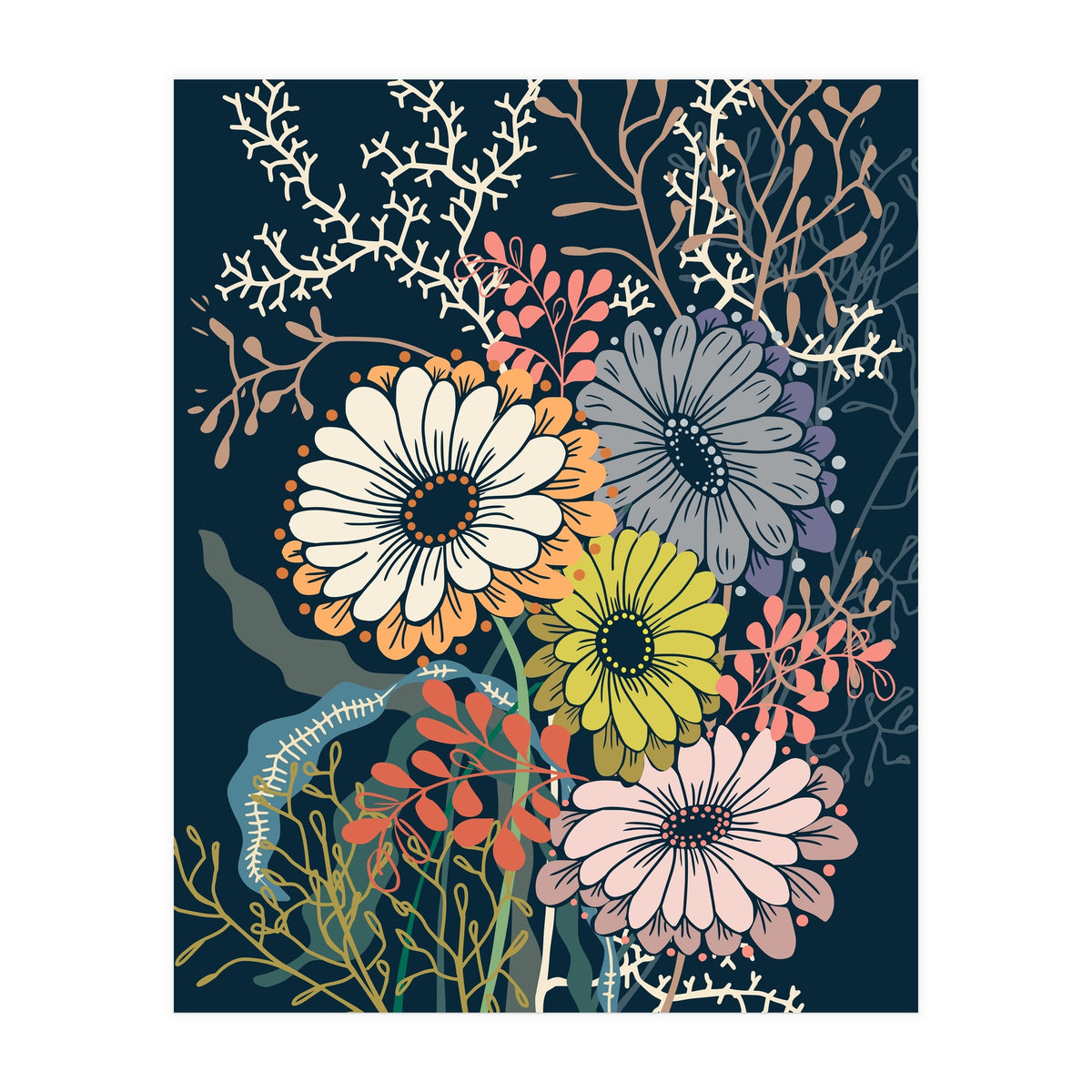 Springtime daisies dark blue (Print Only)