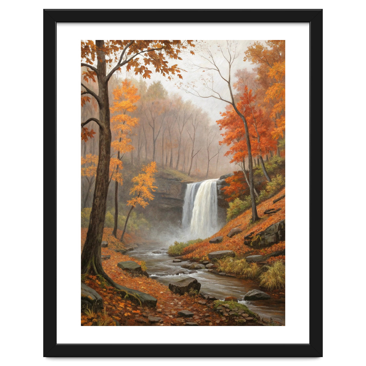 Serene Autumn Waterfall in Misty Forest