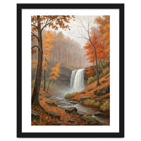 Serene Autumn Waterfall in Misty Forest