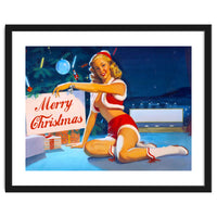 Pinup Girl In Santa Costume With Marry Christmas Sign