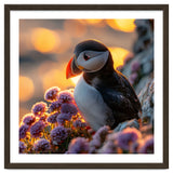Puffin Bird Amidst Purple Flowers Golden Hour thumbnail