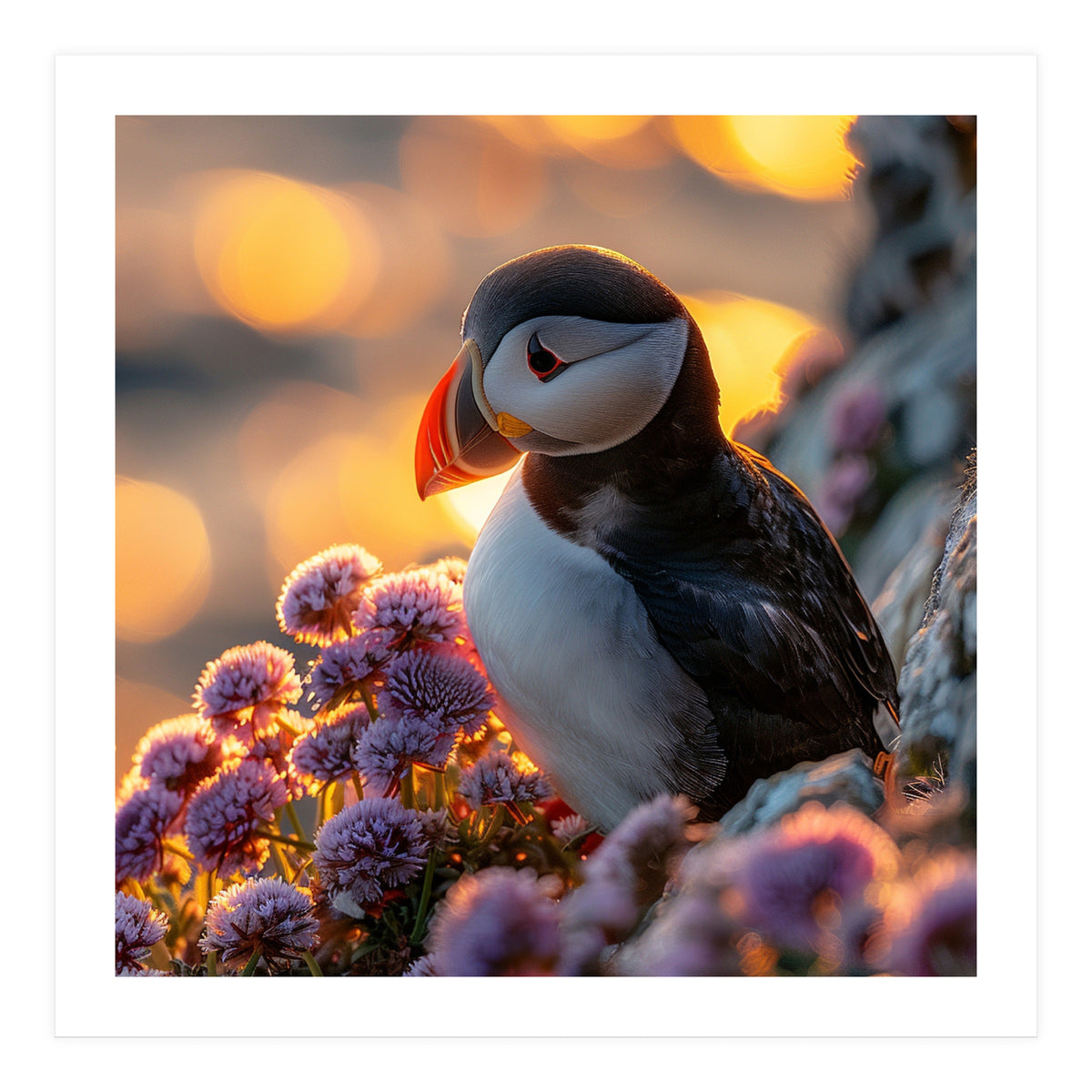 Puffin Bird Amidst Purple Flowers Golden Hour (Print Only)